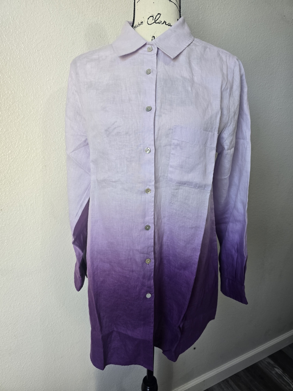 SOFT SURROUNDINGS Linen Button Down Shirt Tunic Length Dip Dyed Ombre Purple,M